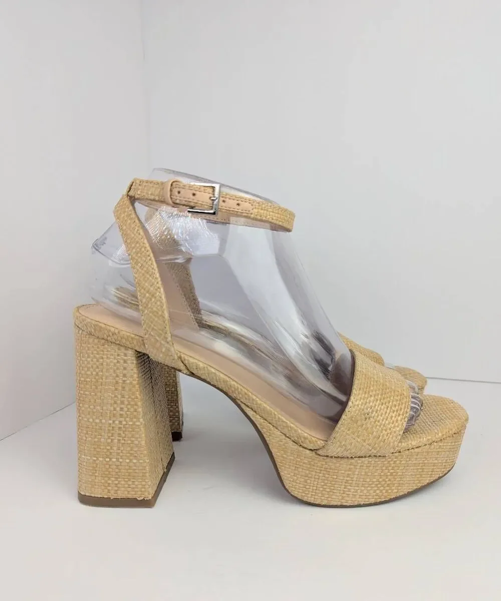 Marc Fisher beige raffia woven basket natural platform sandal heels womens 7.5